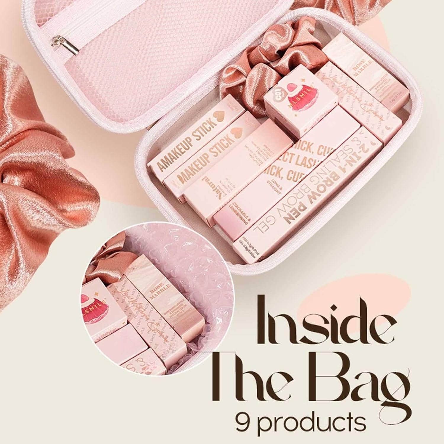 Makeup Kits for Teen Girls,Lipstick, Contour Stick, Highlighter Stick, Eye Shadow, Lip Mud, 2-In-1 Eyebrow Pencil, Foundation Stick, Mascara and Hair Tie,R Makeup Gift Set for Women(Cosmetic Bag)