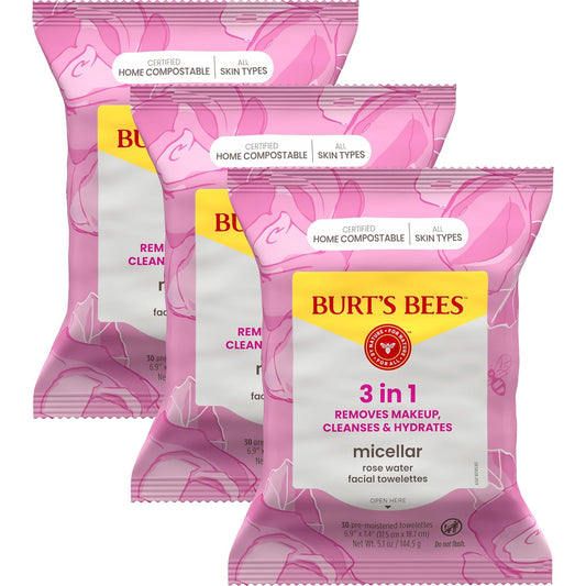 Stocking Stuffers, Rose Water Face Wipes, for All Skin Types, Hydrating Micellar Makeup Remover & Facial Cleansing Towelettes, Skin Care Christmas Gifts, 30 Ct (3-Pack)